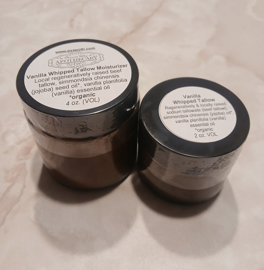 whipped tallow moisturizer in 4ounce and 2 ounce amber glass jars with black lids